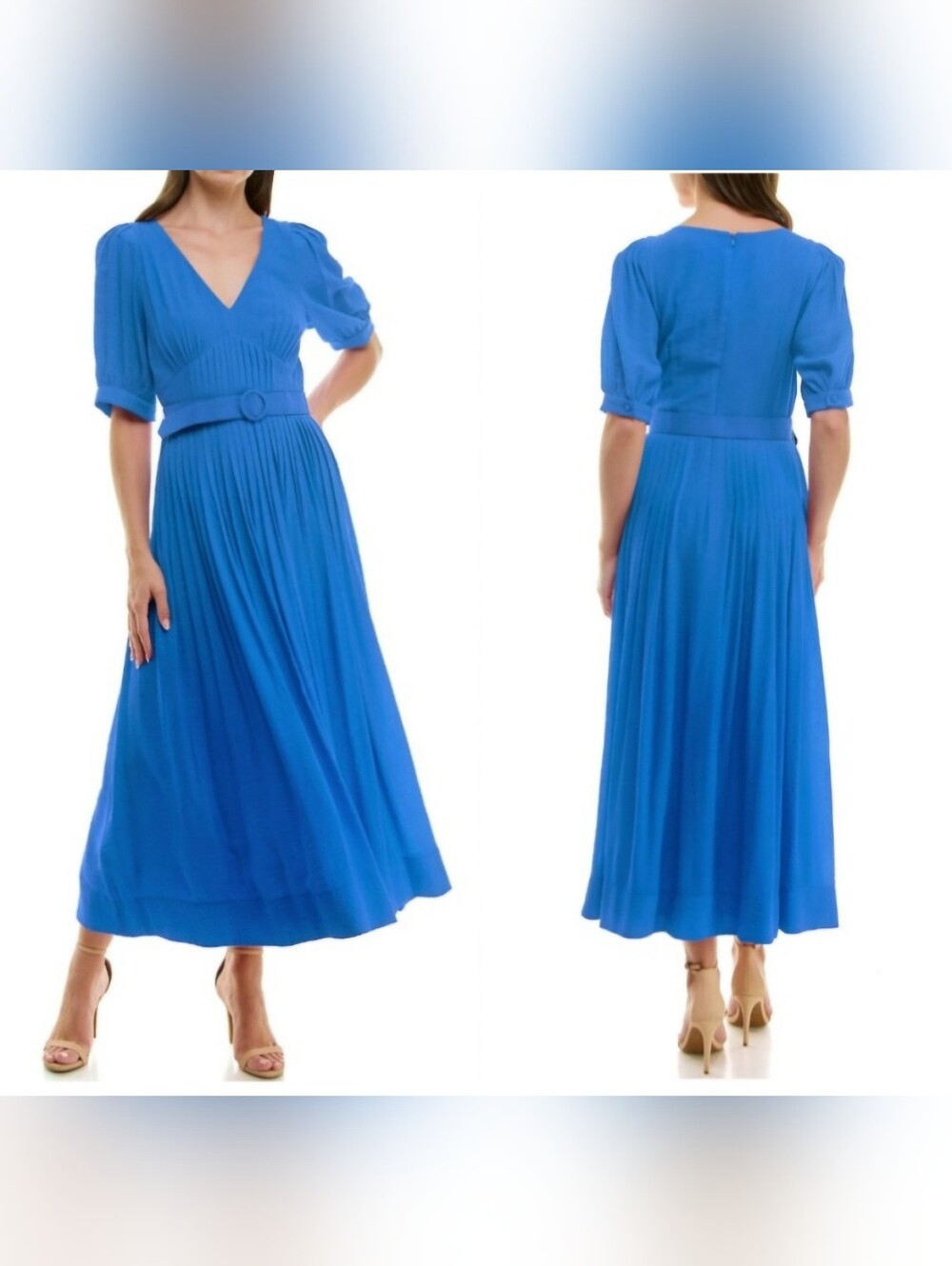 Women’s Blue Pleated Midi Dress with Belt